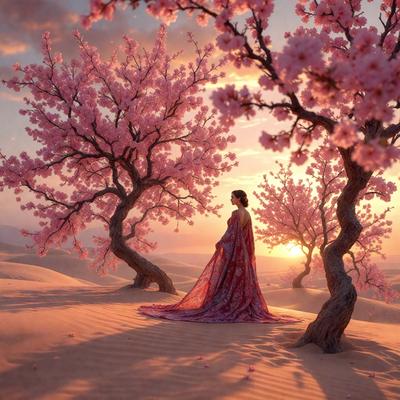 The primary subject of the image is a woman standing in a desert-like environment. She is wearing a red dress and appears to be posing for a picture. The setting is a sandy area with trees in the background, creating a serene and natural atmosphere. The visual style of the image is a combination of photo and digital art, giving it a unique and artistic appearance. The colors in the image are predominantly red and pink, which adds to the overall mood and aesthetic of the scene.